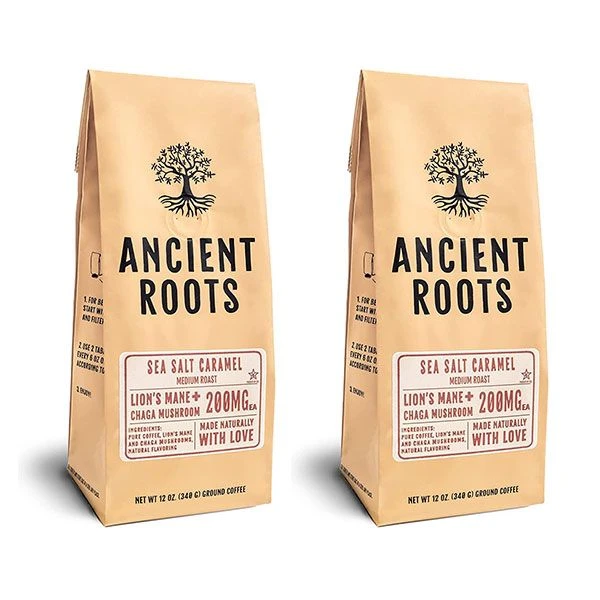 Ancient Roots Sea Salted Caramel Flavored Mushroom Medium Roast Ground Coffee, 2/12 Oz Bags