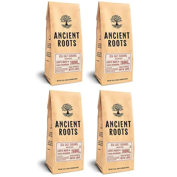 Ancient Roots Sea Salted Caramel Flavored Mushroom Medium Roast Ground Coffee, 4/12 Oz Bags